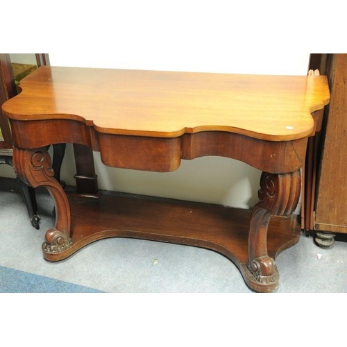 244 - Victorian Mahogany Hall Table fitted with drawer on platform base with raised carved uprights.