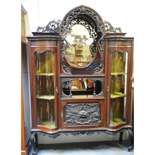 245 - Victorian Mahogany carved mirror backed Display Cabinet with centre shelves and Press, flanked by tw... 