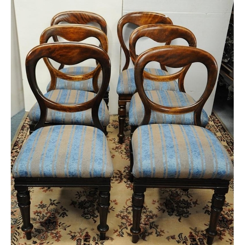 263 - Set of 6 Victorian Mahogany blue upholstered balloon backed Diningroom Chairs on turned & sabre legs... 