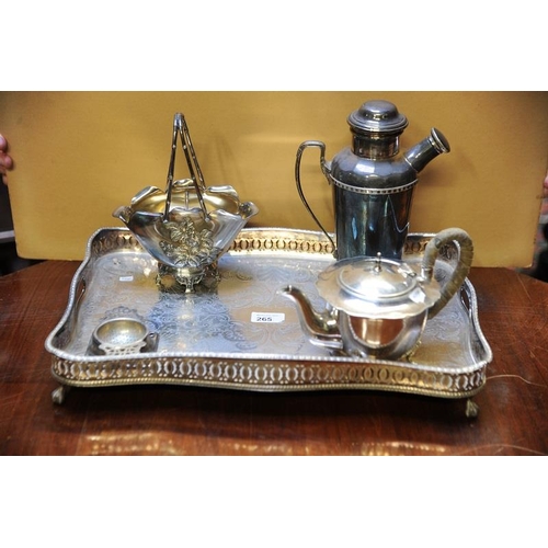 265 - Silver plated two handled Tray, plated Teapot, Sugar Bowl, Hot Water Jug.