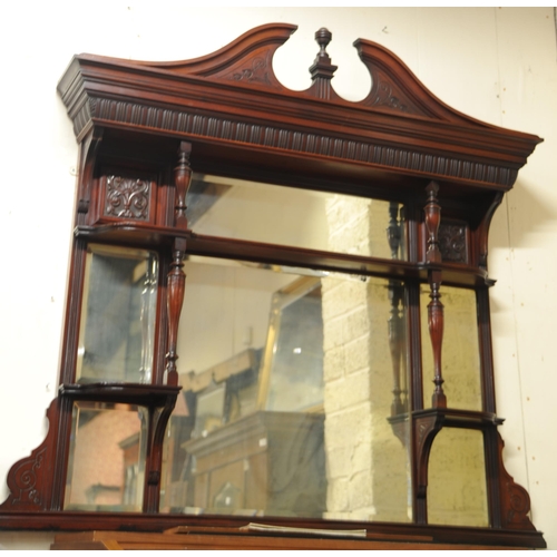 273 - Victorian Mahogany bevelled glass Overmantel with swan neck pediment and turned finial (60