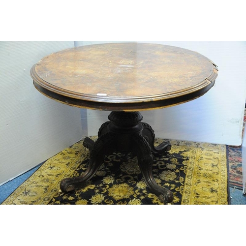 275 - Victorian Walnut oval shaped Breakfast Table on baluster pod with four carved splayed legs (dmg)   (... 