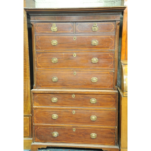 277 - Georgian inlaid Mahogany Chest on Chest with brass drop down handles with brass escutcheons on brack... 