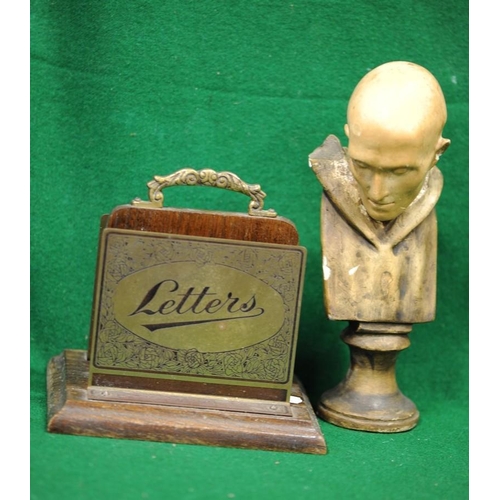 32 - Brass and oak Letter Holder and a Bust of a Man.