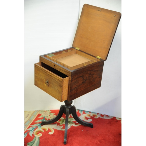 55 - Regency rosewood inlaid Ladies Workbox with fitted interior, pull out drawer on baluster pod on four... 