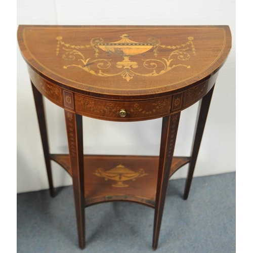 78 - Demi Lune inlaid Mahogany and cross banded two tier Side Table fitted with drawer on tapered legs.