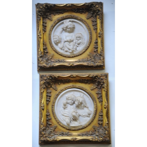 107 - Pair of Gilt Framed Enrico Braga Italian marble Wall Plaques, depicting Cherubs with Perfugium Regib... 