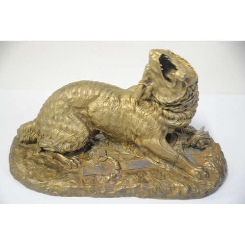 123 - Large Brass Ornament of Wolf on base              (20 W x 12