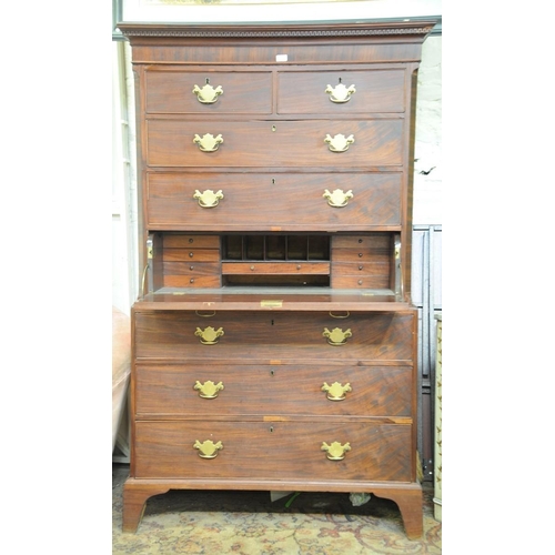 139 - Georgian Mahogany Secretaire Chest on Chest with fitted interior, dental frieze, 8 graduated drawers... 