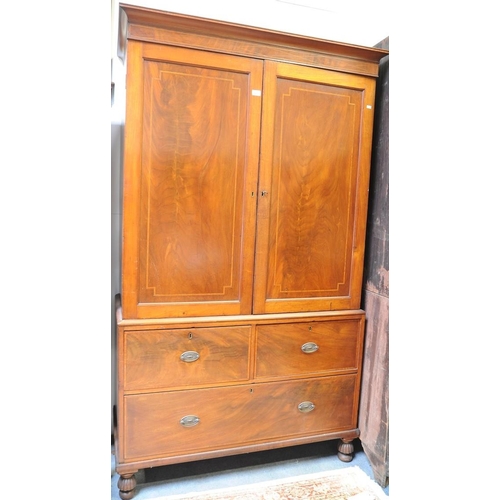 143 - Georgian inlaid Mahogany Linen Press fitted with 3 pull out drawers on bun feet.