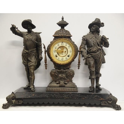 144 - 19th. Century French Mantel Clock ceramic and brass dial surmounted by two Musketeers on metal base.