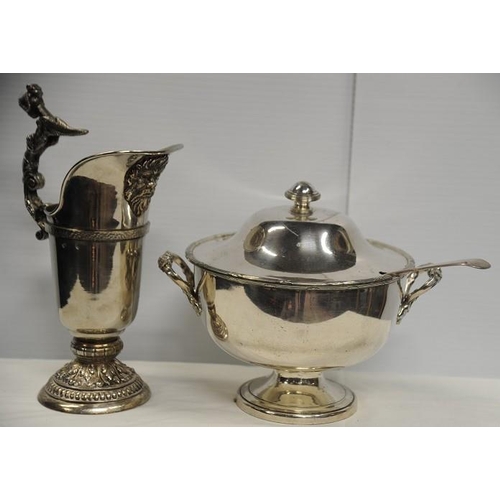 145 - Silver Plated Sheffield Vegetable Dish and Cover with Ladle and a Silver Plated Jug.