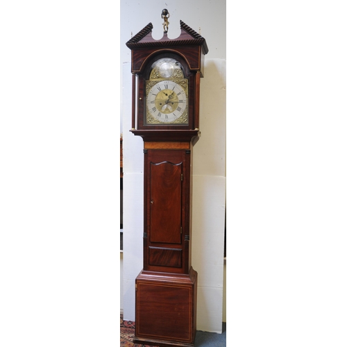 181 - Georgian Inlaid Mahogany 19th. Century long Cased Grandfather Clock with silvered and brass dial, br... 