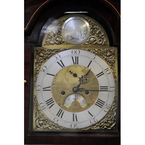 181 - Georgian Inlaid Mahogany 19th. Century long Cased Grandfather Clock with silvered and brass dial, br... 