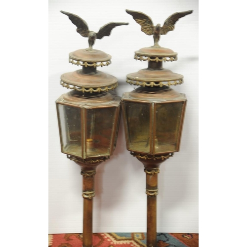 182 - Pair of Brass and Copper Carriage Lamps surmounted by Eagles.  (29