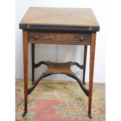 186 - Edwardian inlaid Mahogany and Rosewood Envelope Card Table, fitted with pull out drawer, on cross st... 