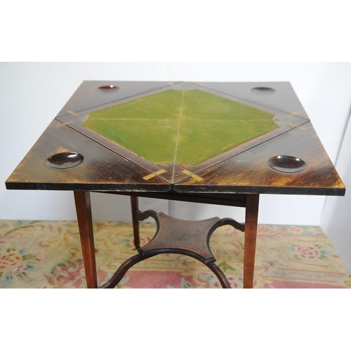 186 - Edwardian inlaid Mahogany and Rosewood Envelope Card Table, fitted with pull out drawer, on cross st... 