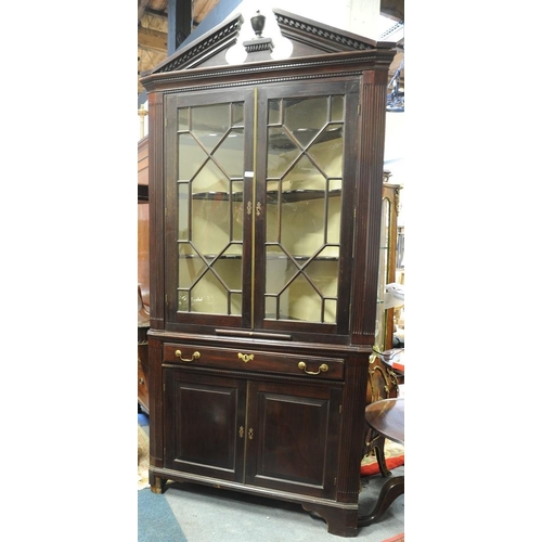 192 - Georgian Mahogany Corner Cupboard with swan neck arched pediment and turned finial with Greek dental... 