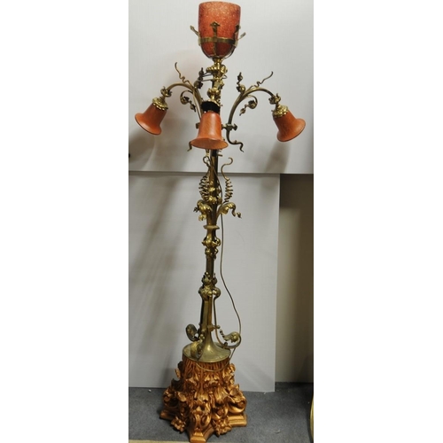 193 - Large Brass Ornate three Branch Light Fitting on gilt raised base.