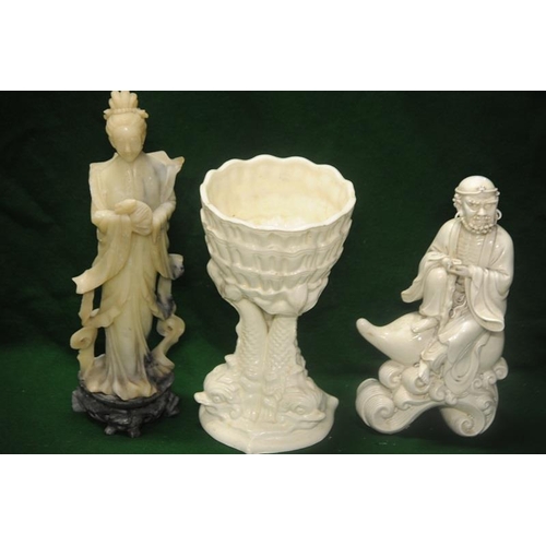 199 - Alabaster Statue of Oriental Lady, China Figure of an oriental Gentleman and a China Fruit Bowl.