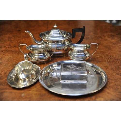 2 - Silver Plated 3 piece Tea set, Silver Plated Sauce Boat and Tray, Circular engraved silver plated Tr... 