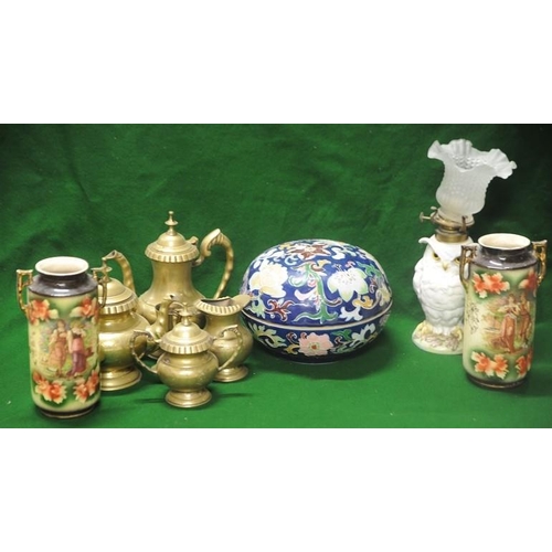 220 - Four Piece Brass Coffee Set, Pair China Vases, Owl Lamp and Floral Bowl with lid.