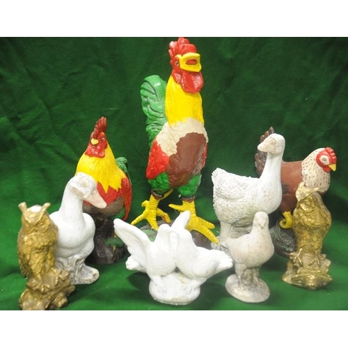 222 - Collection of various Garden Bird Ornaments including Cockerels Hens and Owls