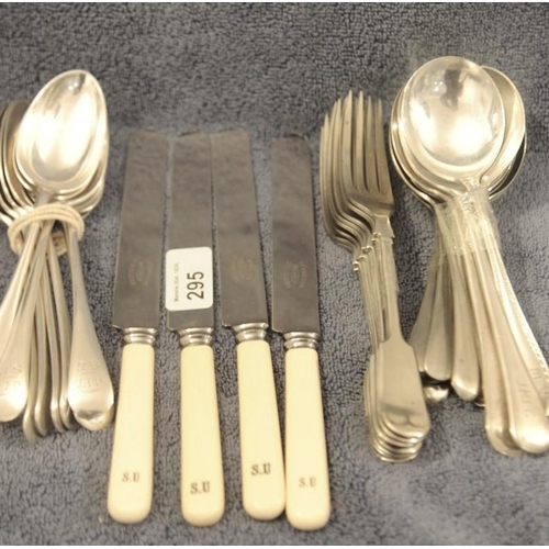 295 - Bundle of 12 Silver Plated Soup Spoons, 9 Silver Plated Dessert Spoons, 8 Silver Plated Dinner Forks... 