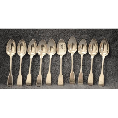 301 - 10 Fiddle Pattern Silver Tea Spoons - Dublin (various dates 1820's -probable John Nicklin - 120gm