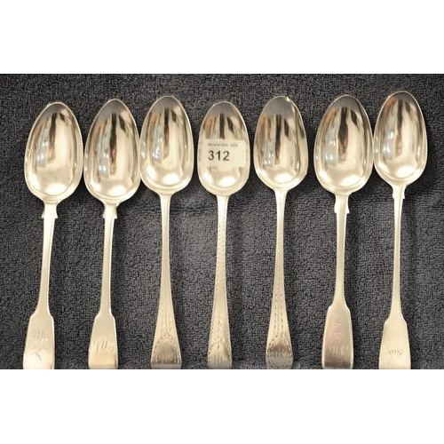 312 - 4 Fiddle Pattern Silver Table Spoons - London, various dates and Makers and 3 Bright Cut Silver Tabl... 