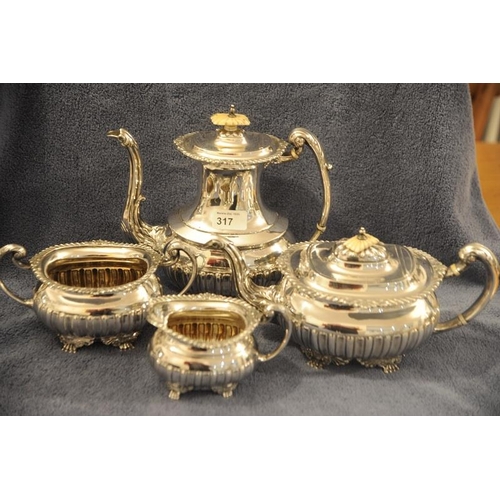 317 - Four Piece Silver Tea/Coffee Service - Sheffield with pan & fluted decoration - rope edge rim on cla... 