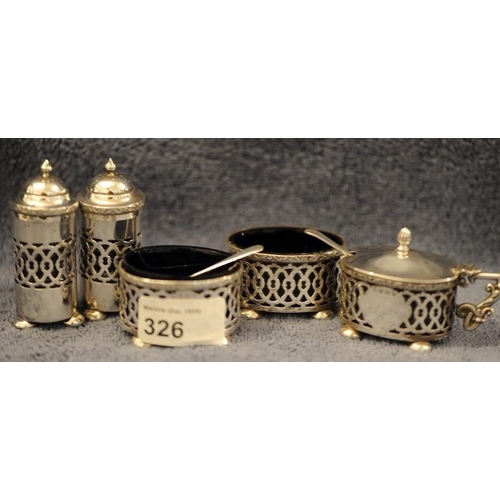 326 - Pair of Silver Salts with blue Liners, Pair of Silver Pepper Pots with blue Liners and matching Must... 