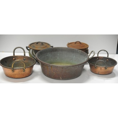 217 - 2  Small Bastible Pots and 3 Copper Preserving Pans