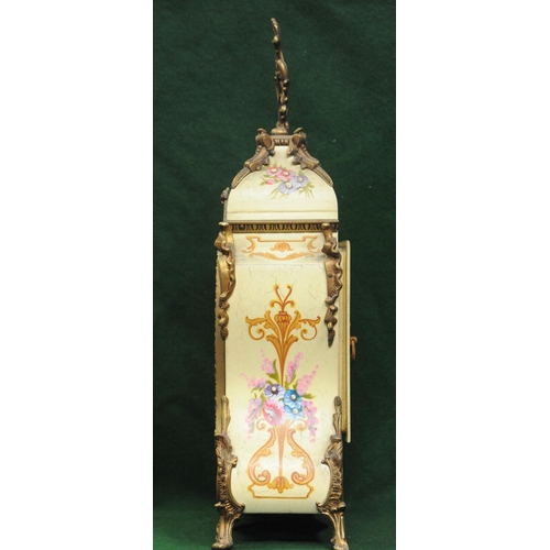 124 - Brass mounted Italian painted Mantle Clock with ceramic and brass dial. (22