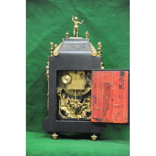 150 - French Tortoise Shell brass mounted Mantle Clock with ceramic and brass dial