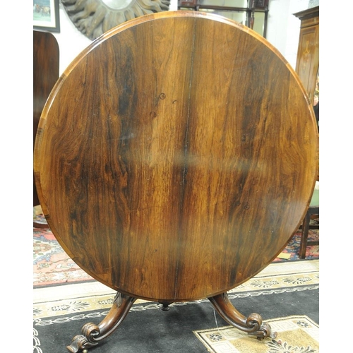 171 - Victorian Rosewood Circular Table on baluster pod with three splayed carved legs.