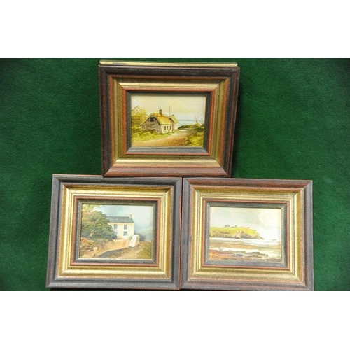 39 - Set of 3 gilt framed miniature Oil Paintings of Cottages and Power Head, Gyleen, East Cork - signed ... 