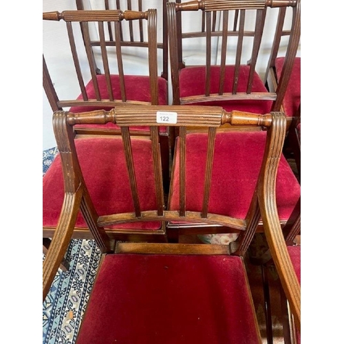 122 - Set of Eight Mahogany four bar Cork Chairs with red upholstered pop in Seats.