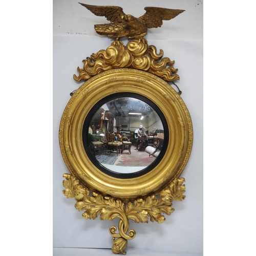 128 - Large Gilt framed Convex Mirror surmounted by Eagle (54