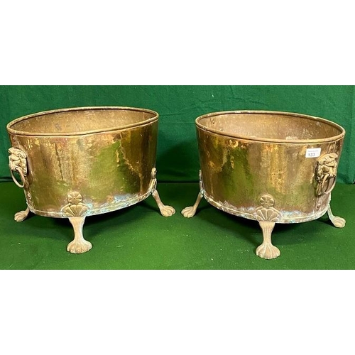 133 - Pair of Brass Oval Shaped Log Boxes with Lion faced handles on claw feet