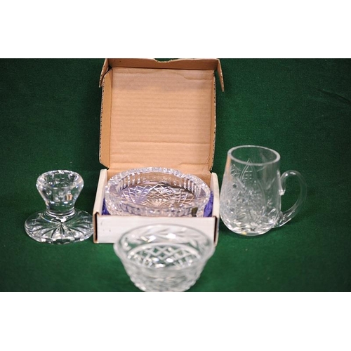 134 - Waterford Cut Glass Tankard, Waterford Cut Glass Candle Holder, Waterford Cut Glass small Bowl and a... 