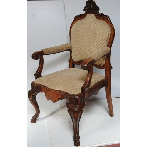 153 - Antique Dutch Walnut Upholstered Armchair on cabriole legs on hoof feet