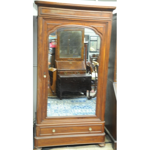 154 - Victorian Mahogany Mirror door Wardrobe fitted with pull out drawer on bun feet