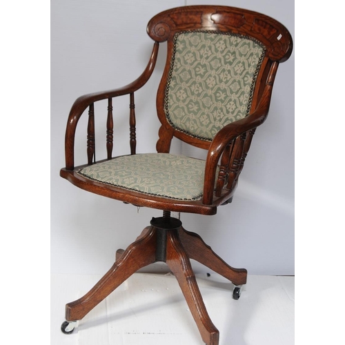 156 - Oak Upholstered revolving Windsor style Office Chair.