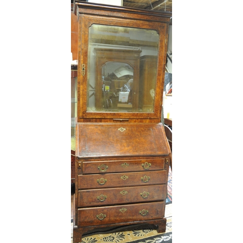 157 - A very fine Antique Queen Anne Walnut Mirror doored,  Crossbanded Bureau Bookcase with fitted Interi... 