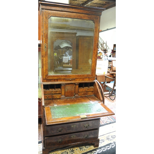 157 - A very fine Antique Queen Anne Walnut Mirror doored,  Crossbanded Bureau Bookcase with fitted Interi... 