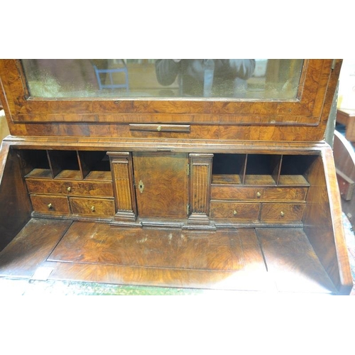 157 - A very fine Antique Queen Anne Walnut Mirror doored,  Crossbanded Bureau Bookcase with fitted Interi... 