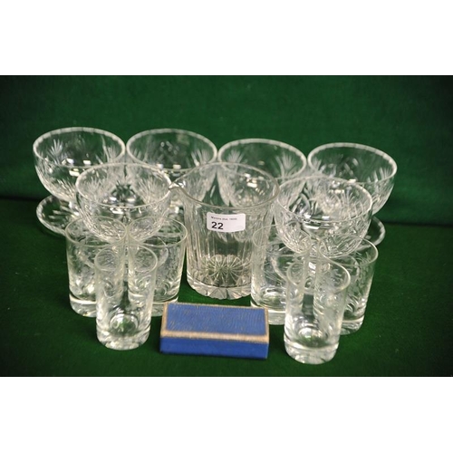 22 - Six Glass Dessert Bowls, Six small engraved Glasses,   Glass Rummer, and, Glass Knife Rests in Box