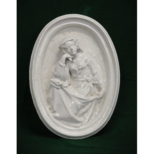 59 - White China Oval Wall Plaque of Lady in Repose (18