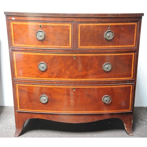 91 - Very fine inlaid Mahogany bow fronted  Chest of four Drawers with brass handles on bracket feet stam... 